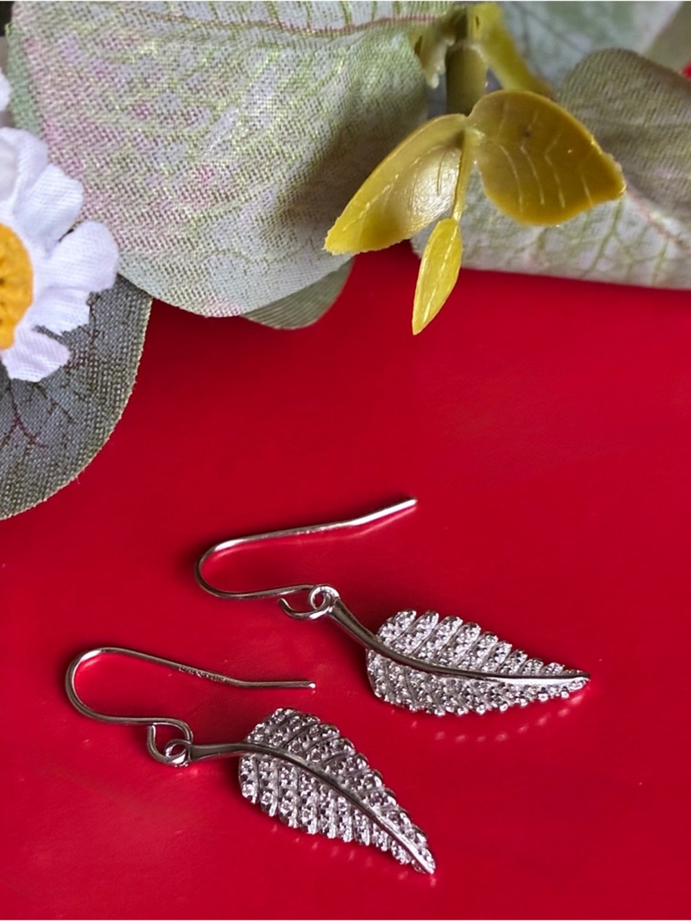 925 Silver Earrings,Silver Leaf Drop Earrings with Pavé Crystals